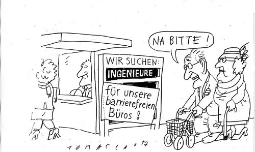 Cartoon: Barrierefrei (medium) by Jan Tomaschoff tagged barrierefrei,rente,67,fachkräftemangel,barrierefrei,rente 67,rente,fachkräftemangel,fachkraft,job,arbeit,beruf,barriere,ingenieure,alter,rentner,rentenempfänger,67