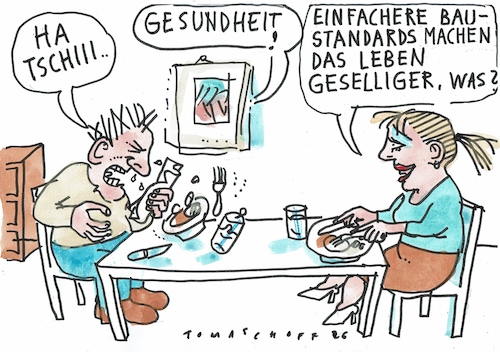 Cartoon: Bau (medium) by Jan Tomaschoff tagged wohnungsnot,bauen,standards,lärmschutz,wohnungsnot,bauen,standards,lärmschutz