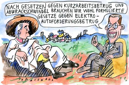 Cartoon: Betrug (medium) by Jan Tomaschoff tagged guttenberg,autoindustrie,förderung,elektroautos,goethe