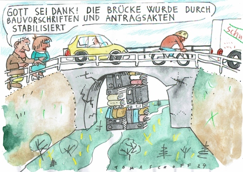 Cartoon: Brücke (medium) by Jan Tomaschoff tagged infrastruktur,brücken,bürokratie,verkehr,infrastruktur,brücken,bürokratie,verkehr