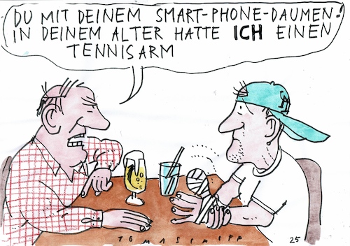 Cartoon: Daumen (medium) by Jan Tomaschoff tagged tennisarm,handy,medien,jugend,tennisarm,handy,medien,jugend