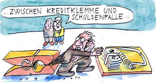 Cartoon: Dazwischen... (medium) by Jan Tomaschoff tagged kreditklemme,schuldenfalle,staatsverschuldung,cartoon,kredit,kredite,schuldenfalle,staatsverschuldung,staat,schulden,verschuldung,pleite,geld,finanzen,finanzkrise,wirtschaft,wirtschaftskrise,falle,gelf,wäscheklammer