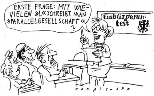 Cartoon: Deutschkurs (medium) by Jan Tomaschoff tagged intergration,parallelgesellschaft,intergration,parallelgesellschaft