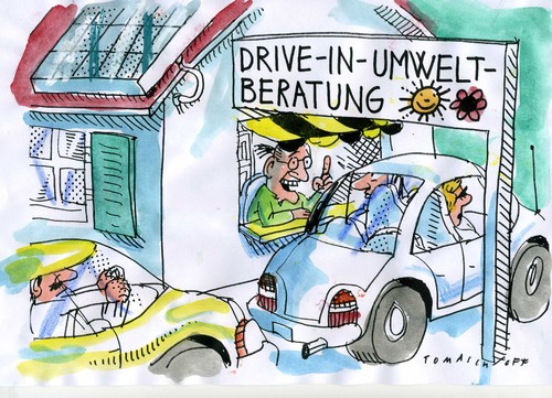 Cartoon: Drive In (medium) by Jan Tomaschoff tagged schadstoffausstoss,co2,e10,autos,benzin,sprit,schadstoffe,umweltverschmutzung