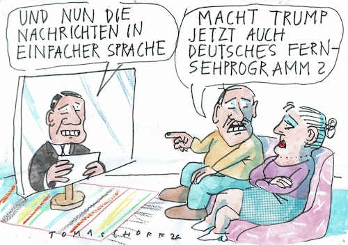 Cartoon: einfache Sprache (medium) by Jan Tomaschoff tagged trump,politik,denken,fernsehen,trump,politik,denken,fernsehen
