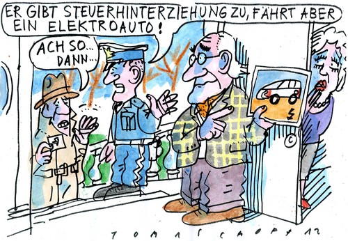 Cartoon: Elektroauto (medium) by Jan Tomaschoff tagged elektroauto,steuerhinterziehung