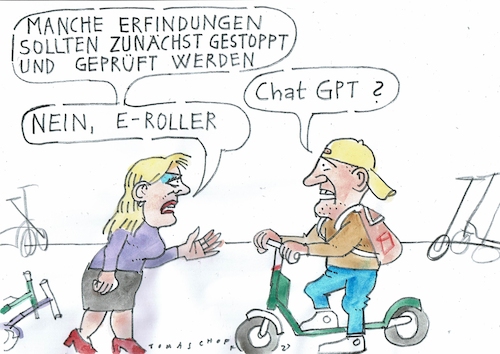 Cartoon: Elektroroller (medium) by Jan Tomaschoff tagged ki,elektroroller,fortschritt,ki,elektroroller,fortschritt