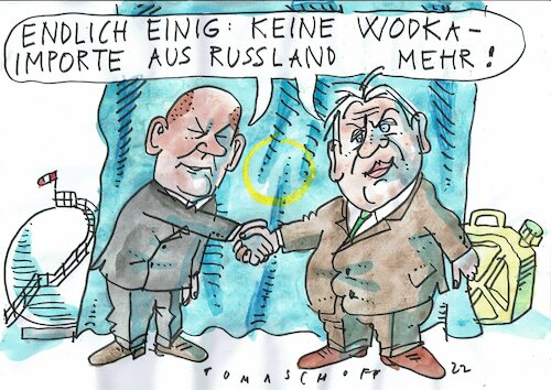 Cartoon: Embargo (medium) by Jan Tomaschoff tagged energie,eu,russland,scholz,orban,energie,eu,russland,scholz,orban