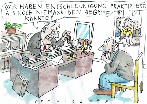 Cartoon: Entschleunigung (medium) by Jan Tomaschoff tagged börokratie,langsamkeit,börokratie,langsamkeit