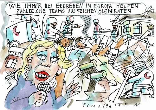 Cartoon: Erdbeben (medium) by Jan Tomaschoff tagged nothilfe,europa,golfstaaten,nothilfe,europa,golfstaaten
