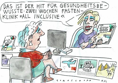 Cartoon: Fastenurlaub (medium) by Jan Tomaschoff tagged luxus,reisen,fasten,verzicht,luxus,reisen,fasten,verzicht