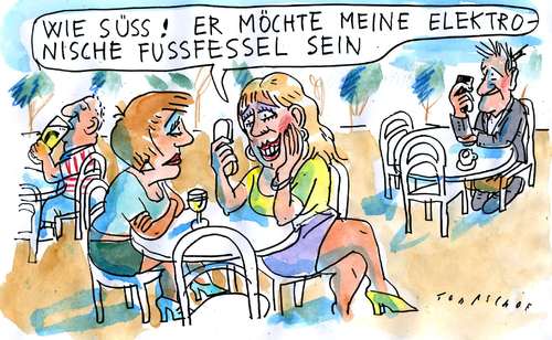 Cartoon: Fesselnd (medium) by Jan Tomaschoff tagged elektronische,fußfessel,elektronische fußfessel,elektronik,zukunft,forschung,technik,fortschritt,entwicklung,elektronische,fußfessel