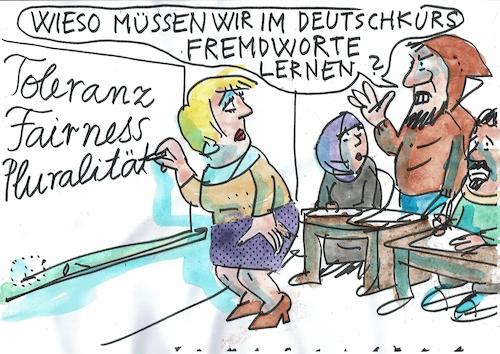Cartoon: Fremdworte (medium) by Jan Tomaschoff tagged toleranz,fairness,pluralismus,migration,toleranz,fairness,pluralismus,migration