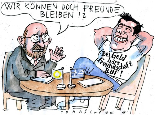 Cartoon: Freunde (medium) by Jan Tomaschoff tagged griechenland,eu,schulden,griechenland,eu,schulden