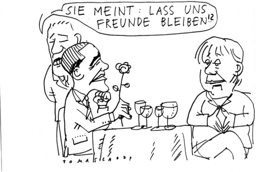 Cartoon: Freunde bleiben (medium) by Jan Tomaschoff tagged barack,obama,angela,merkel,barack obama,angela merkel,treffen,barack,obama,angela,merkel