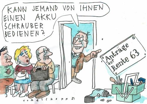 Cartoon: Frührente (medium) by Jan Tomaschoff tagged frührente,fachkräftemangel,handwerk,frührente,fachkräftemangel,handwerk