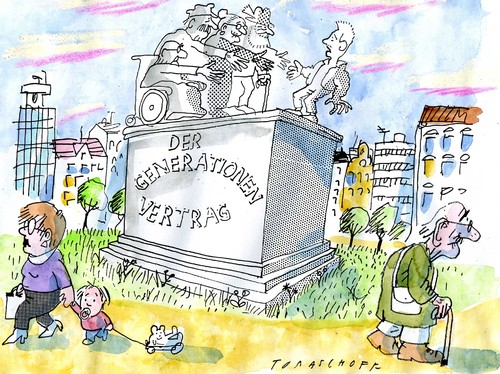 Cartoon: Generationenvertrag (medium) by Jan Tomaschoff tagged demographie,rentenhöhe,demographie,rentenhöhe