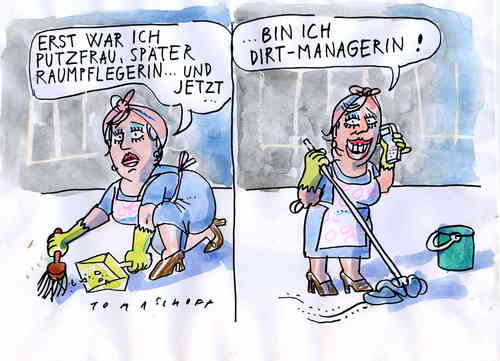 Cartoon: Geputzt (medium) by Jan Tomaschoff tagged berufe,job,arbeit,putzen,putzkraft,reinigungskraft,reinigung,putzfrau,status,beruf,job,arbeit,karriere,raumpfleger,bezeichnung,berufsbezeichnung,manager