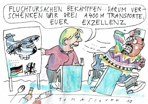 Cartoon: Geschenk (medium) by Jan Tomaschoff tagged afrika,rüstung,transportflugzeug,afrika,rüstung,transportflugzeug