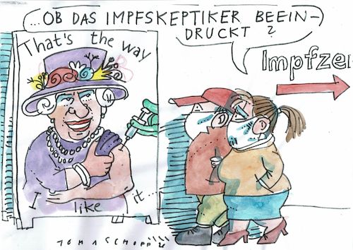 Cartoon: Impfung (medium) by Jan Tomaschoff tagged corona,impfung,impfskeptiker,queen,corona,impfung,impfskeptiker,queen