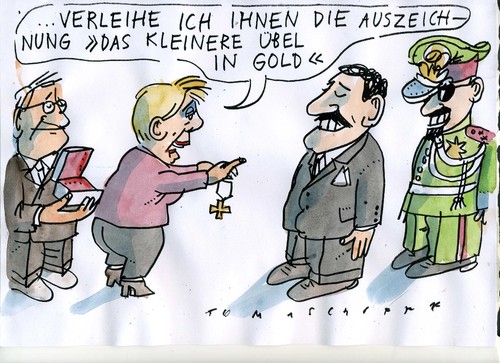 Cartoon: kleineres Übel (medium) by Jan Tomaschoff tagged konflikte,naher,osten,partner,konflikte,naher,osten,partner