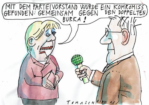 Cartoon: Kompromiss (medium) by Jan Tomaschoff tagged cdu,merkal,burka,doppelpass,cdu,merkal,burka,doppelpass
