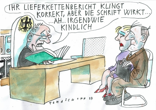 Cartoon: Lieferkette (medium) by Jan Tomaschoff tagged lieferketten,kinderarbeit,berichte,bürokratie,lieferketten,kinderarbeit,berichte,bürokratie