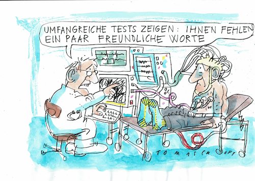 Cartoon: Medizin (medium) by Jan Tomaschoff tagged medizin,technik,mensch,zuwendung,medizin,technik,mensch,zuwendung