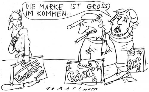 Cartoon: Mode (medium) by Jan Tomaschoff tagged konsumverzicht,marke,mode,gier,geiz,verzicht,wirtschaftskrise,cartoon,wirtschaft,wirtschaftskrise,gelf,finanzen,konsumverzicht,verzicht,konsum,konsumverhalten,konsumgesellschaft,handel,verkauf,kaufen,shopping,bürger,angst,furcht,geld,verlust,konsument,geiz,sparkurs,sparen,finanzkrise