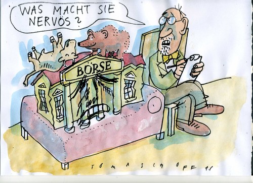 Cartoon: nervöse Börse (medium) by Jan Tomaschoff tagged aktien,finanzkrise,börse,aktien,finanzkrise,börse