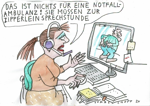 Cartoon: Notfall (medium) by Jan Tomaschoff tagged notfall,ambulanz,missbrauch,bagatellen,gesundheit,notfall,ambulanz,missbrauch,bagatellen,gesundheit
