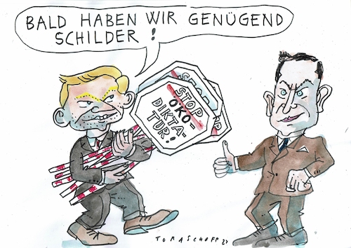 Cartoon: Ökodiktatur (medium) by Jan Tomaschoff tagged lindner,wissing,umwelt,tempolimit,lindner,wissing,umwelt,tempolimit