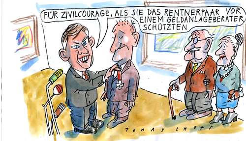 Cartoon: Orden (medium) by Jan Tomaschoff tagged zivilcourage,geldanlage,vermögensberatung,banken,zivilcourage,geldanlage,vermögensberatung,banken,bank,rentner,geld,finanzen