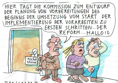 Cartoon: Reform (medium) by Jan Tomaschoff tagged aufschieben,reform,regierung,kommission,aufschieben,reform,regierung,kommission