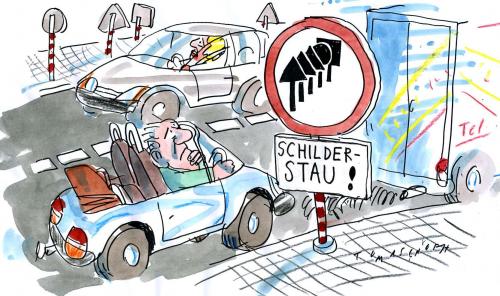 Cartoon: Schildbürger (medium) by Jan Tomaschoff tagged verkehr,beschilderung,verkehrsschilder,straßenverkehrsordnung,staus,verkehr,beschilderung,verkehrsschilder,straßenverkehrsordnung,stau,autofahrer,auto,straßenverkehr,schild,warnung,bürokratie,organisation