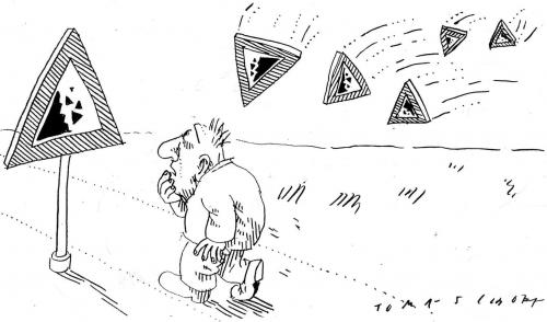 Cartoon: Schildbürger (medium) by Jan Tomaschoff tagged steinschlag,schilder,schilderwald,verkehr,autos