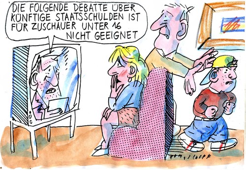 Cartoon: Schuldenhorror (medium) by Jan Tomaschoff tagged schulden,bremse,wahlen,schulden,bremse,wahlen