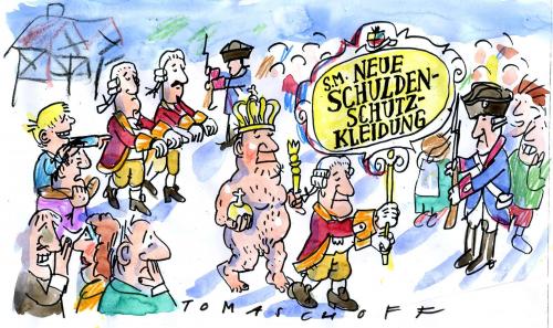 Cartoon: Schuldenschutzkleidung (medium) by Jan Tomaschoff tagged staatshaushalt,schulden,verschuldung,staatsverschuldung,steuern