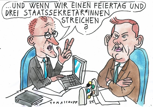 Cartoon: Streichung (medium) by Jan Tomaschoff tagged merz,klingbeil,haushalt,sparen,schulden,staatsbeamte,merz,klingbeil,haushalt,sparen,schulden,staatsbeamte