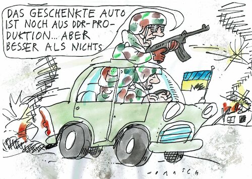 Cartoon: Trabi (medium) by Jan Tomaschoff tagged ukraine,krieg,hilfe,rüstung,ukraine,krieg,hilfe,rüstung