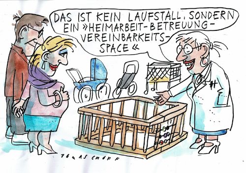 Cartoon: Vereinbarkeit (medium) by Jan Tomaschoff tagged familie,kinder,beruf,familie,kinder,beruf,home,office,work,life,balance,eltern,kind,baby,schwanger,kinderwagen,laufstall,workspace,playground