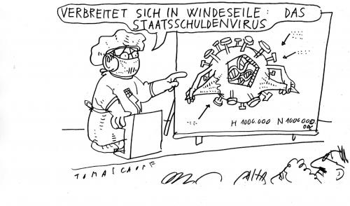 Cartoon: Virus (medium) by Jan Tomaschoff tagged staatshaushalt,schulden,verschuldung,virus,infektion,pandemie,schweinegrippe
