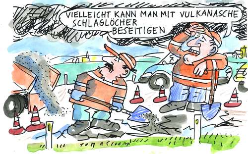 Cartoon: Vulkanasche (medium) by Jan Tomaschoff tagged vulkanasche,schlaglöcher,städte,gemeinden,kommunen,schulden