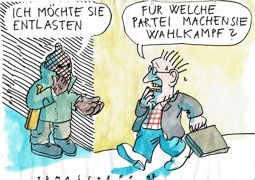 Cartoon: Wahlkampf (medium) by Jan Tomaschoff tagged wahl,finanzen,versprechen,entlastung,wahl,finanzen,versprechen,entlastung