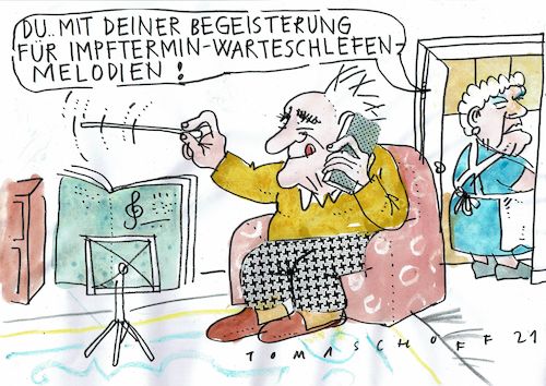 Cartoon: Warteschleife (medium) by Jan Tomaschoff tagged corona,impfung,termine,wartezeit,corona,impfung,termine,wartezeit