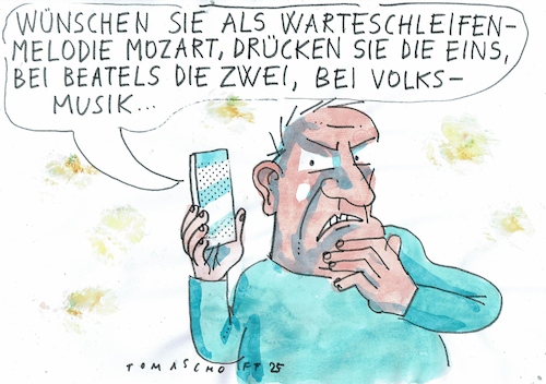Cartoon: Warteschleife (medium) by Jan Tomaschoff tagged telefon,kommunikation,warteschlefe,roboter,musik,telefon,kommunikation,warteschlefe,roboter,musik