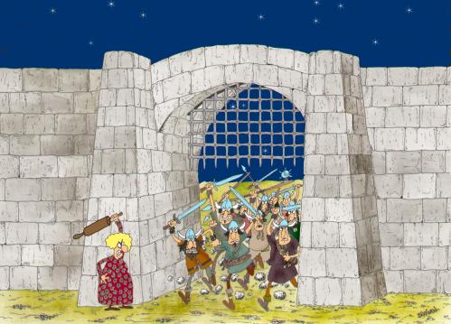Cartoon: rolling pin (medium) by draganm tagged history,castle,warriors,woman