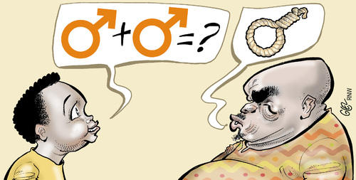 Cartoon: Homophobia in Africa (medium) by Damien Glez tagged homophobia,africa,homophobia,africa,mord,diskriminierung,farbige,seil,schwul,männer