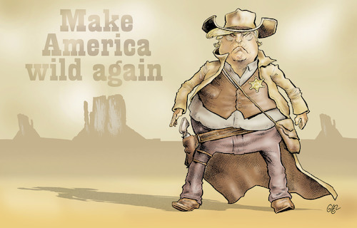 Cartoon: Make America wild again (medium) by Damien Glez tagged donald,trump,cowboy,america,united,states,president,donald,trump,cowboy,america,united,states,president