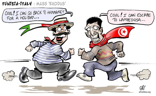Cartoon: Mass Exodus (medium) by Damien Glez tagged tunisia,italy,mass,exodus